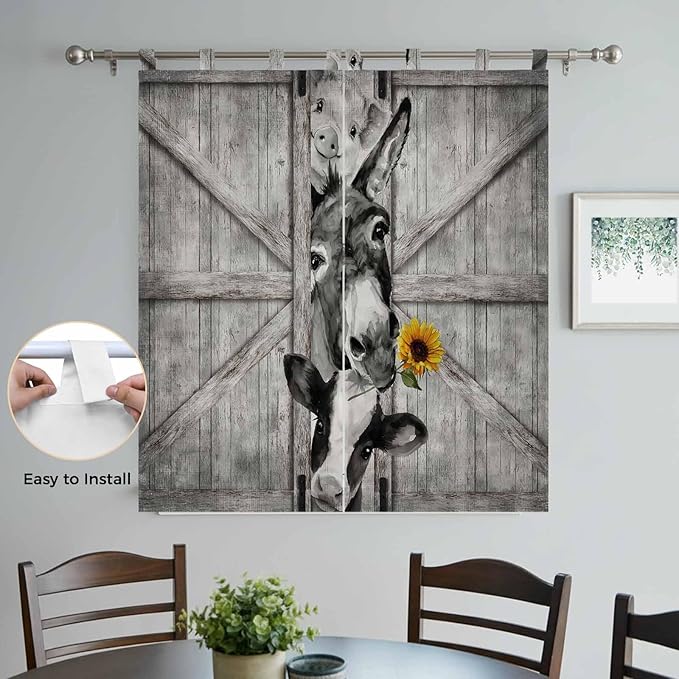 Funny Farm Animals Bathroom Curtains 63 Inch Length, Window Curtains Tab Top, Vintage Barn Grey Sunflowers Light Filtering Window Treatments Drapes 52"x63" 2 Panel