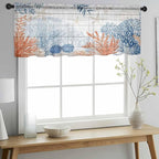 Ocean Corals Sheer Valance Curtains, Summer Beach Coral Sea Stars Wood Grain Light Filtering Kitchen Valances Rod Pocket Voile Curtain Window Treatment for Bedroom/Living Room/Basement 54Wx18L