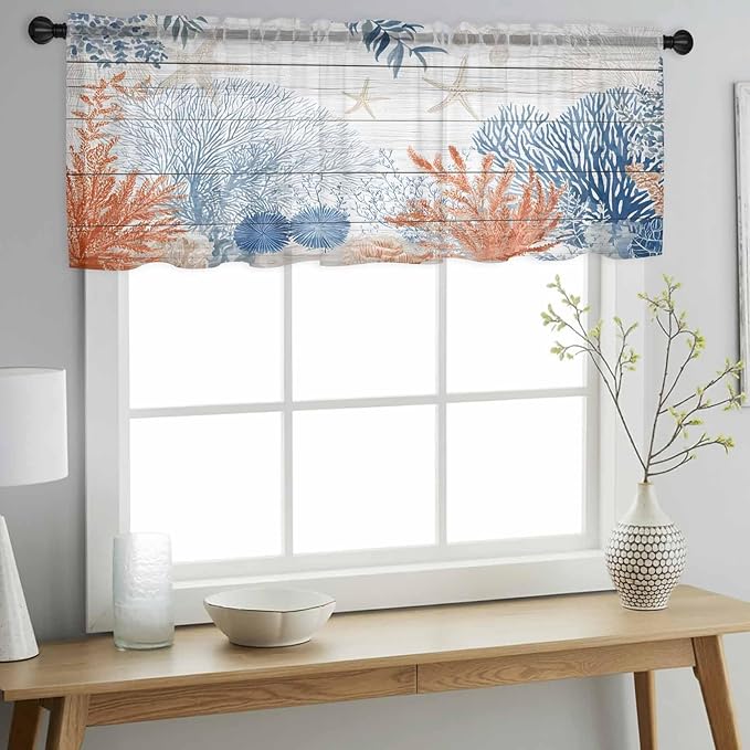 Ocean Corals Sheer Valance Curtains, Summer Beach Coral Sea Stars Wood Grain Light Filtering Kitchen Valances Rod Pocket Voile Curtain Window Treatment for Bedroom/Living Room/Basement 42Wx18L