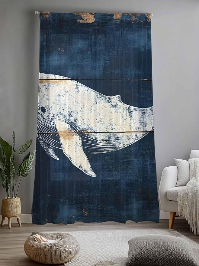 Sheer Curtains 108 Inches Long, Ocean Whale Blue Semi Sheer Curtains Light Filtering Window Treatment, Coastal Vintage Wooden Grain Privacy Voile Drapes for Living Room Bedroom 52x108 Inch