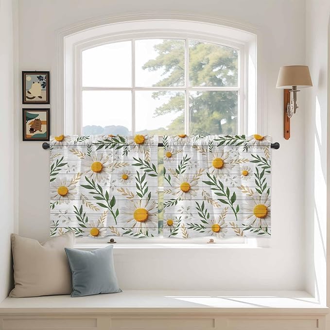 Spring Daisy Tier Curtains, Farmhouse Country Flower Leaf Plant Wood Grain Light Filtering Kitchen Curtains, 2Pcs Rod Pocket Half Window Treatments Panels for Sink Cafe Cabinet Camper 27.5x24 Inches