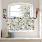 Spring Daisy Tier Curtains, Farmhouse Country Flower Leaf Plant Wood Grain Light Filtering Kitchen Curtains, 2Pcs Rod Pocket Half Window Treatments Panels for Sink Cafe Cabinet Camper 27.5x36 Inches