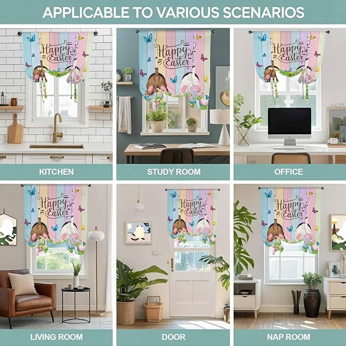 Tie Up Curtains,Happy Easter Rabbit Butt Egg on Daisy Leaf Adjustable Rod Pocket Window Shade Curtain Drape Bufferfly on Wood Barn Tie-Up Valance for Kitchen Bedroom Living Room Windows,52"x45"