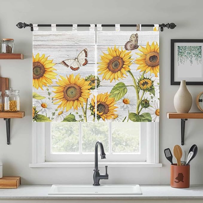 Yellow Sunflowers Kitchen Curtains 45 Inch Length, Short Cafe Window Curtains Tab Top, Vintage Country Flowers Butterfly Wood Board Light Filtering Window Treatments Tier Drapes 27.5"x45" 2 Panel