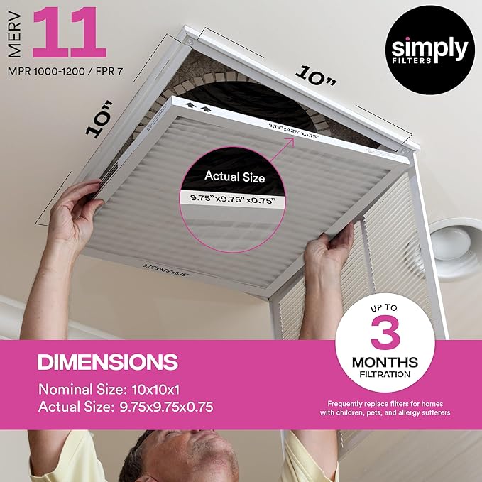 Simply 10x10x1 Air Filter, MERV 11, 4 Pack, For Home AC Furnace & HVAC (Actual Size: 9.75"x9.75"x0.75") DUST, Pet, & Allergy Control