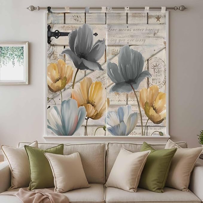Spring Tulips Flower Living Room Curtains 84 Inch Length, Window Curtains Tab Top, Vintage Floral Barn Doors Rustic Beige Light Filtering Window Treatments Drapes 42"x84" 2 Panel