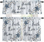 Kitchen Curtains Tiers and Valance Set of 3, Texas Star Country Light Filtering Window Curtain Set, Blue Farmhouse Branches Rod Pocket Curtain Drapes for Cafe, Living Room, 24 Inches Tiers