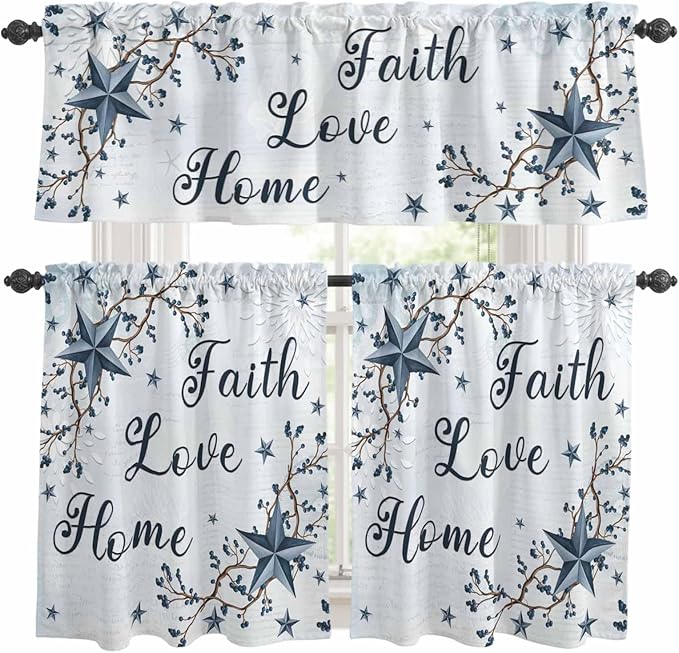 Kitchen Curtains Tiers and Valance Set of 3, Texas Star Country Light Filtering Window Curtain Set, Blue Farmhouse Branches Rod Pocket Curtain Drapes for Cafe, Living Room, 24 Inches Tiers