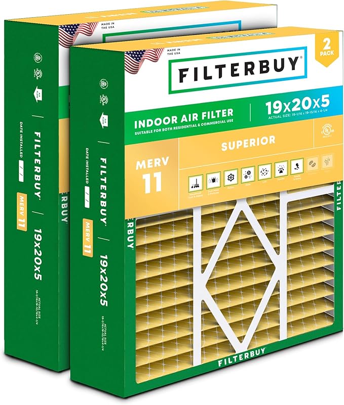 Filterbuy 19x20x5 Air Filter MERV 11 Superior Pet & Allergy Defense (2-Pack), Pleated HVAC AC Furnace Filters for Bryant, Carrier, BDP, Day & Night, and Payne (Actual Size: 19.06 x 19.81 x 4.25)