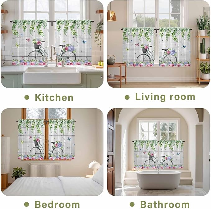 Spring Kitchen Curtains, Bicycles Botanical Rose Leaves Butterfly Wood Grain Light Filtering Window Curtain Panels, 2Pcs Rod Pocket Window Treatments Set for Cabin Bathroom Bedroom 52x45 Inches