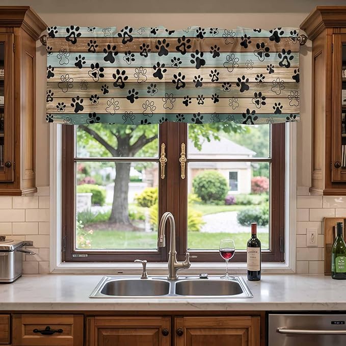 Dog Paws Valance Curtains for Kitchen, Teal Brown Wood Grain Privacy Rod Pocket Valance Curtain, Light-Filtering Window Treatment for Bedroom Bathroom, 54"x18"