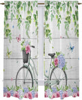 Spring Kitchen Curtains, Bicycles Botanical Rose Leaves Butterfly Wood Grain Light Filtering Window Curtain Panels, 2Pcs Rod Pocket Window Treatments Set for Living Room Bathroom Bedroom 52x72 Inches