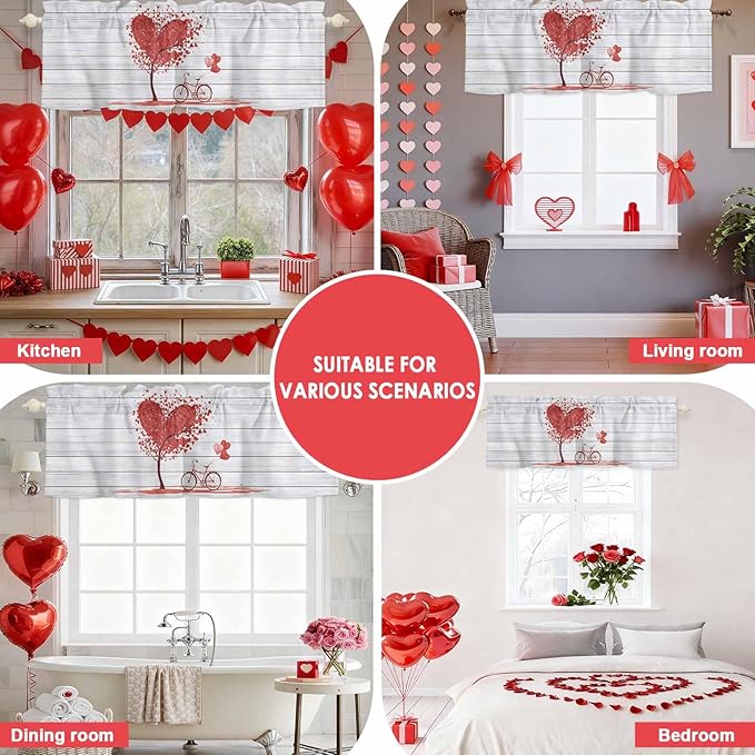 Valentine's Day Valance Curtains for Kitchen, Red Love Trees Bicycles Balloons Wood Grain Privacy Rod Pocket Valance Curtain, Light-Filtering Window Treatment for Bedroom Bathroom, 42"x12"