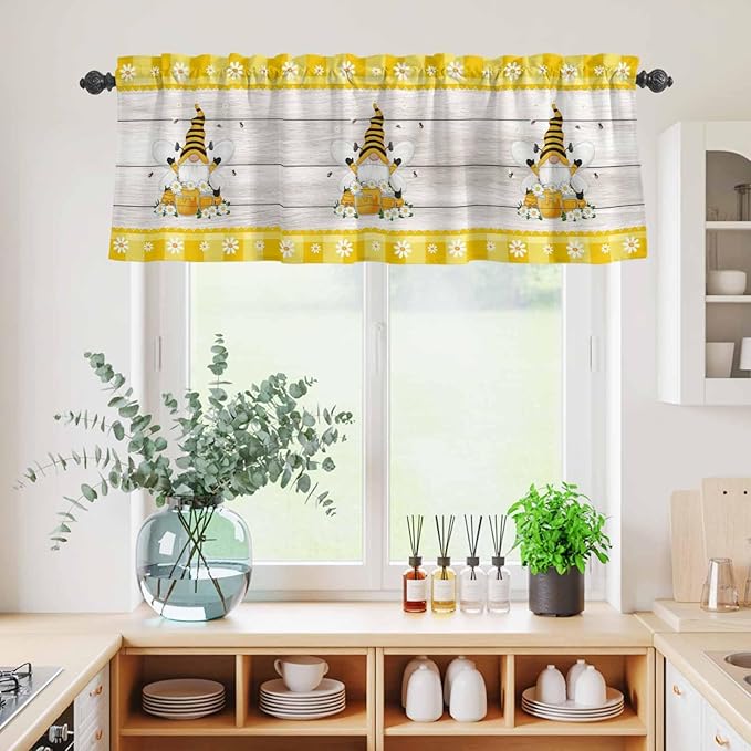 Yellow Gnomes Kitchen Curtains Set 3 Piece for Windows, Rod Pocket Valance and Tier Set 24 Inch Length, Spring Bees Daisy Plaid Wooden Grain Light Filtering Cafe Curtains for Living Room Bathroom