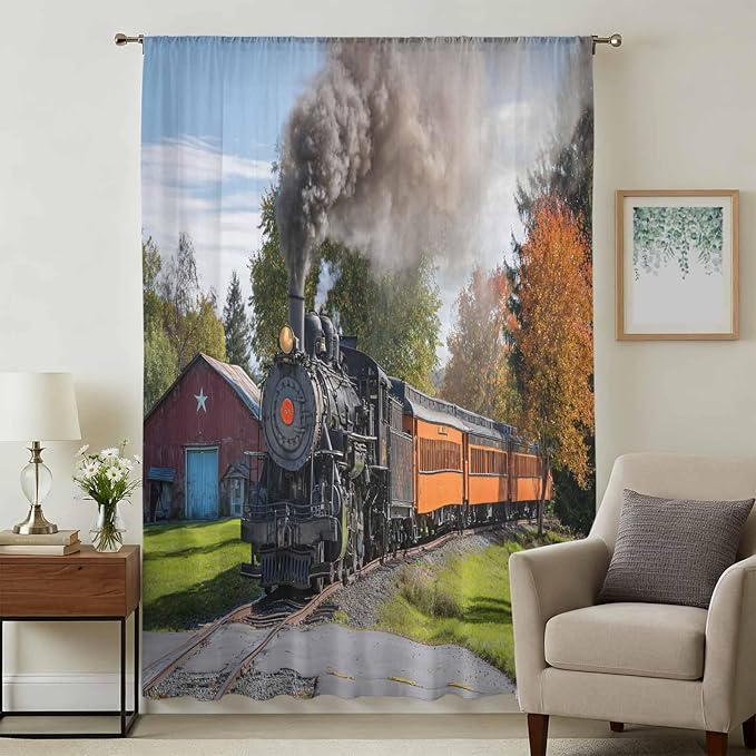 Steam Train Sheer Curtains 96 Inch Length Railroad Country Barn Rustic Trees Farmhouse Chiffon Curtain for Bedroom Living Room Light Filtering Rod Pocket Window Treatments Voile Curtains Drapes