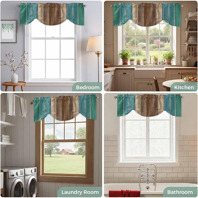 Teal Blue Brown Tie Up Valance Curtains for Windows, Kitchen Curtains Window Shades, Farmhouse Retro Wooden Grain Stripes Light Filtering Roman Curtain Valances for Bedroom/Bathroom/Cafe 42"x18"