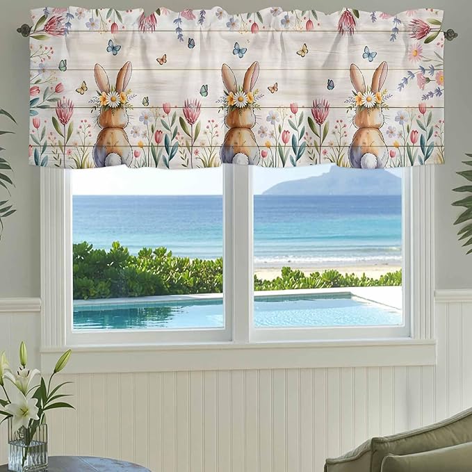 Easter Curtain Valances for Windows, Kitchen Valance Window Treatment, Spring Bunny Butterfly Botanical Wooden Grain Light Filtering Block Curtains for Bathroom/Bedroom/Living Room 60'' x 18''