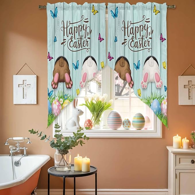 Swag Curtain Valances for Kitchen Windows,Happy Easter Bunny Butt Egg Floral Short Rod Pocket Window Valance,Spring Plant on Aqua Wood Swag Topper for Bedroom Living Room,2 Panels 36x45in