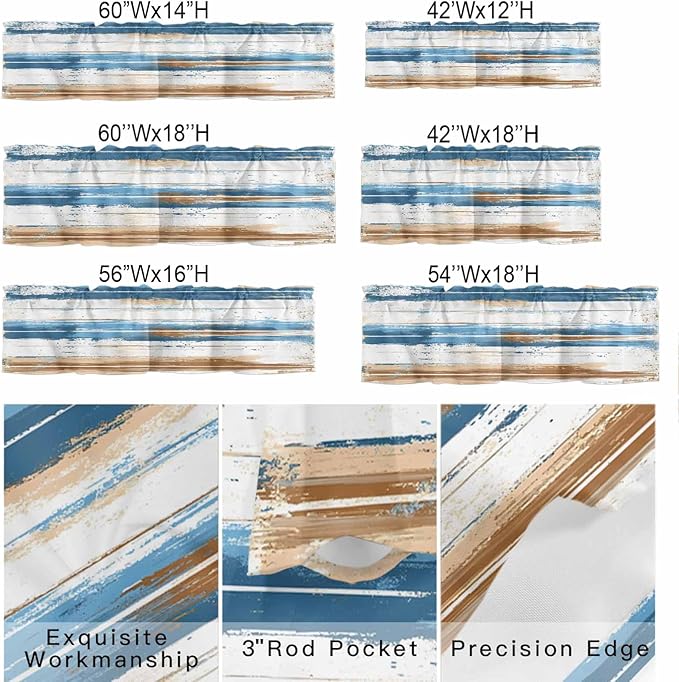 Vintage Blue Valances for Windows, Brown Wood Grain Mottled Texture Abstract Art Kitchen Valance Light Filtering Rod Pocket Short Curtains for Kitchen Bathroom, 1 Panel, 60"x14"