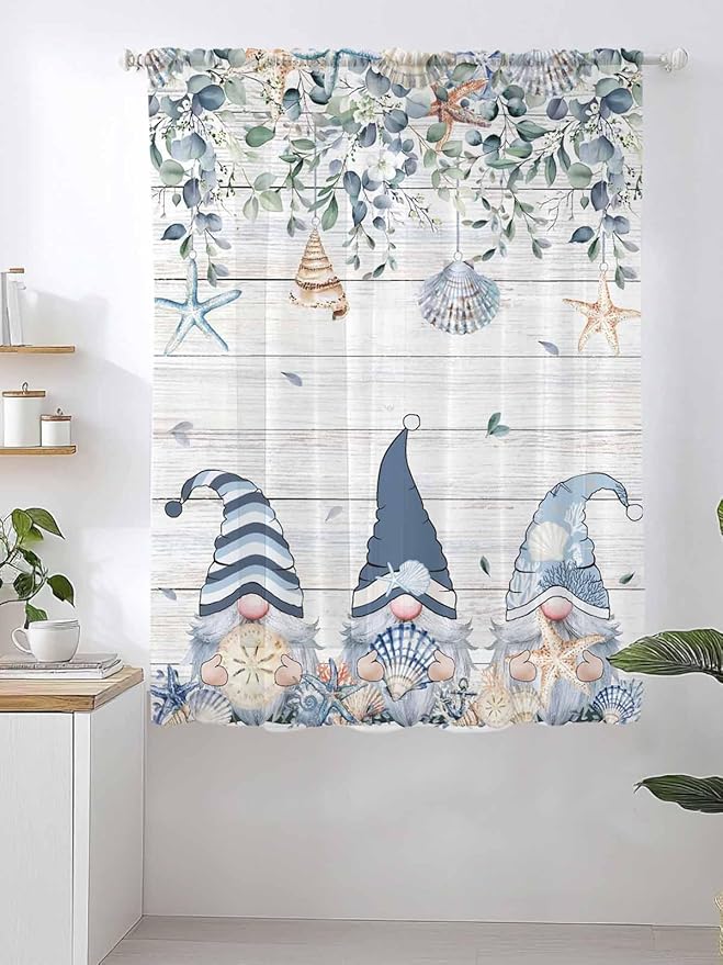 Sheer Curtains 72 Inches Long, Coastal Eucalyptus Leaf Semi Sheer Curtains Light Filtering Window Treatment, Ocean Blue Gnomes Starfish Wood Grain Privacy Voile Drapes for Living Room 52x72 Inch