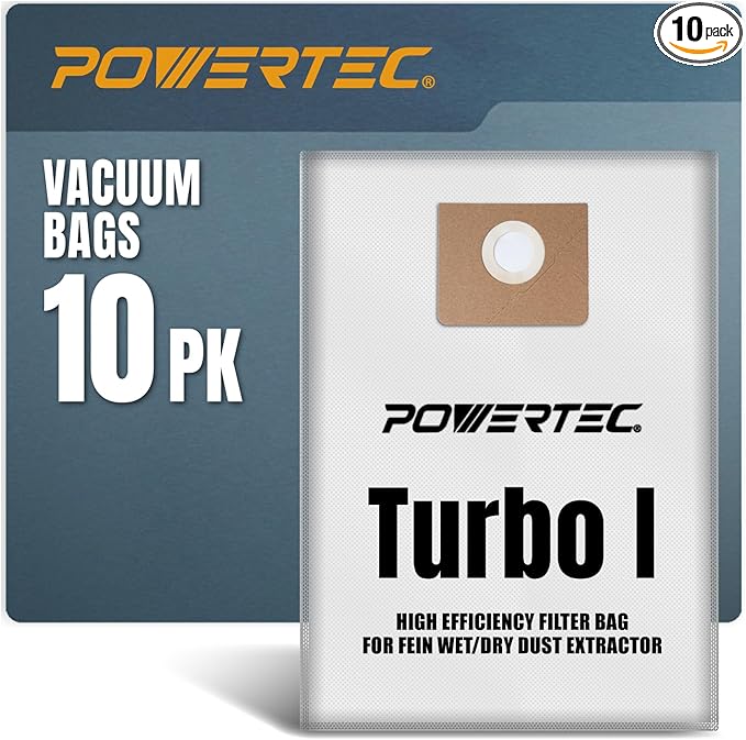 POWERTEC Turbo I, 9-20-27 Fleece Filter Bags 10PK, for Fein Dustex 25 L Wet/Dry Dust Extractor, for Fein 31345061010 Shop Vacuum Replacement Bags, Filter Bags, Dust Bags (75041-P2)