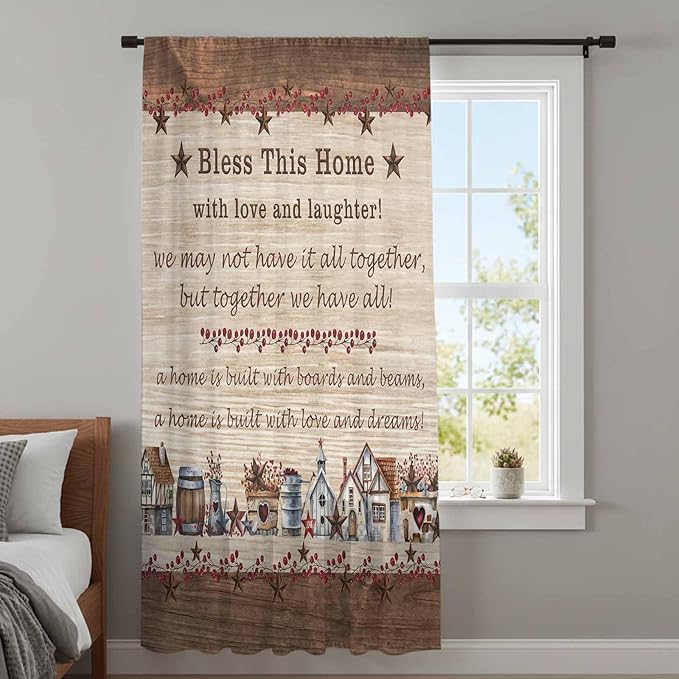 Farmhouse Sheer Curtains 63 Inch Length Brown Country Star Berry Vintage Wood Grain Chiffon Curtain for Bedroom Living Room Light Filtering Rod Pocket Window Treatments Voile Curtains Drapes