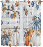 Thanksgiving Pumpkin Window Curtains 63 Inch Long 2 Panel Set, Rod Pocket Bedroom Curtains & Drapes, Fall Maple Leaf Daisy Wooden Grain Light Filtering Window Treatment for Living Room 42"W x 63"L