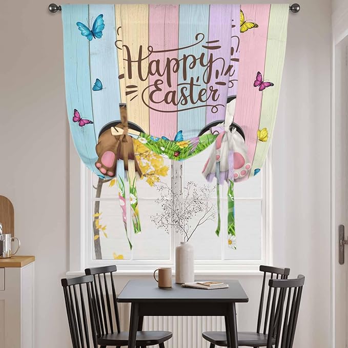 Tie Up Curtains,Happy Easter Rabbit Butt Egg on Daisy Leaf Adjustable Rod Pocket Window Shade Curtain Drape Bufferfly on Wood Barn Tie-Up Valance for Kitchen Bedroom Living Room Windows,42"x45"