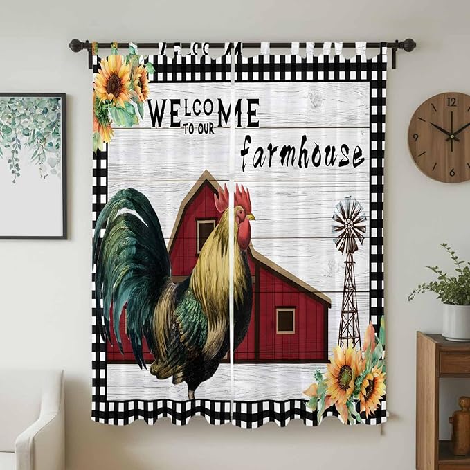 Farmhouse Rooster Living Room Curtains 84 Inch Length, Window Curtains Tab Top, Rustic Red Barn Windmill Sunflowers Light Filtering Window Treatments Drapes 52"x84" 2 Panel