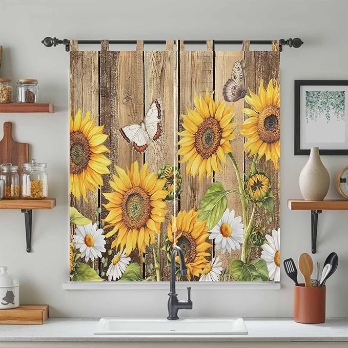 Farmhouse Sunflowers Bathroom Curtains 63 Inch Length, Window Curtains Tab Top, Rustic Floral Buttterfly Wood Board Brown Light Filtering Window Treatments Drapes 52"x63" 2 Panel
