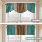 Teal Blue Brown Tie Up Valance Curtains for Windows, Kitchen Curtains Window Shades, Farmhouse Retro Wooden Grain Stripes Light Filtering Roman Curtain Valances for Bedroom/Bathroom/Cafe 60"x18"