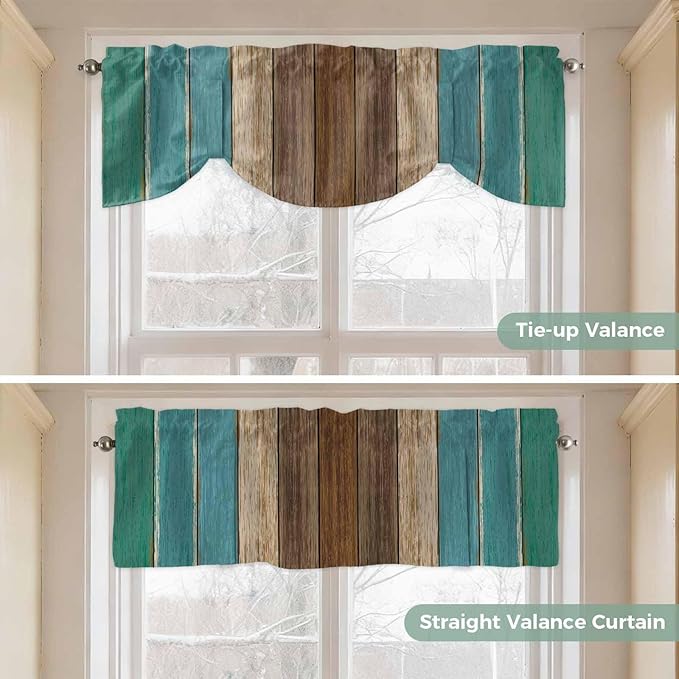 Teal Blue Brown Tie Up Valance Curtains for Windows, Kitchen Curtains Window Shades, Farmhouse Retro Wooden Grain Stripes Light Filtering Roman Curtain Valances for Bedroom/Bathroom/Cafe 42"x12"