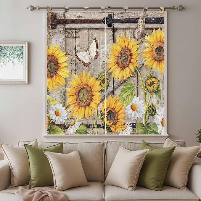 Farmhouse Sunflowers Bedroom Curtains 72 Inch Length, Window Curtains Tab Top, Rustic Barn Doors Flowers Butterfly Wooden Light Filtering Window Treatments Drapes 52"x72" 2 Panel