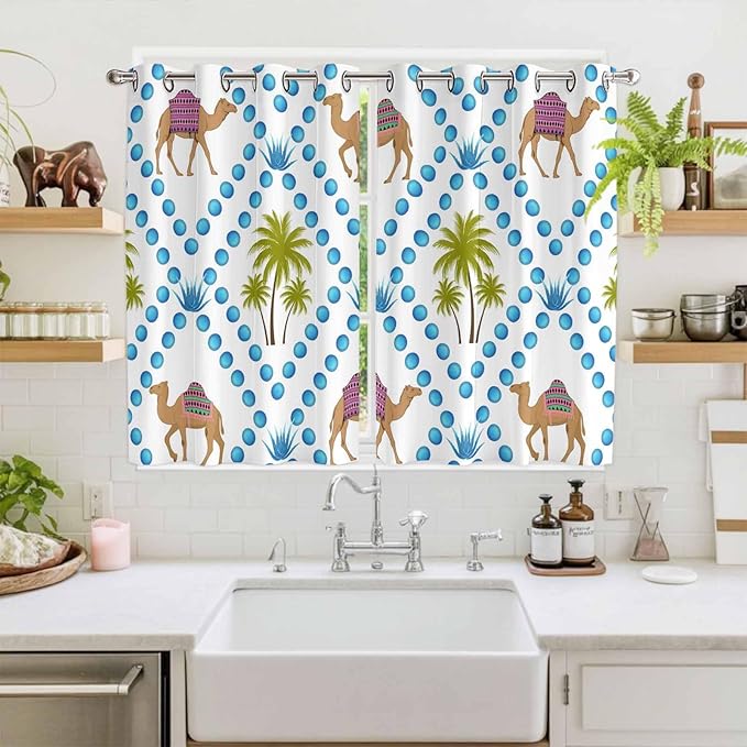 2 Panel Kitchen Cafe Curtains, Camels Palm Trees Sunlight Filtering Nature Air Through, Home Decor Window Covering Tier Curtains for Living Room 104W x 72L inch Tropical Desert Animal Plants Polka Dot