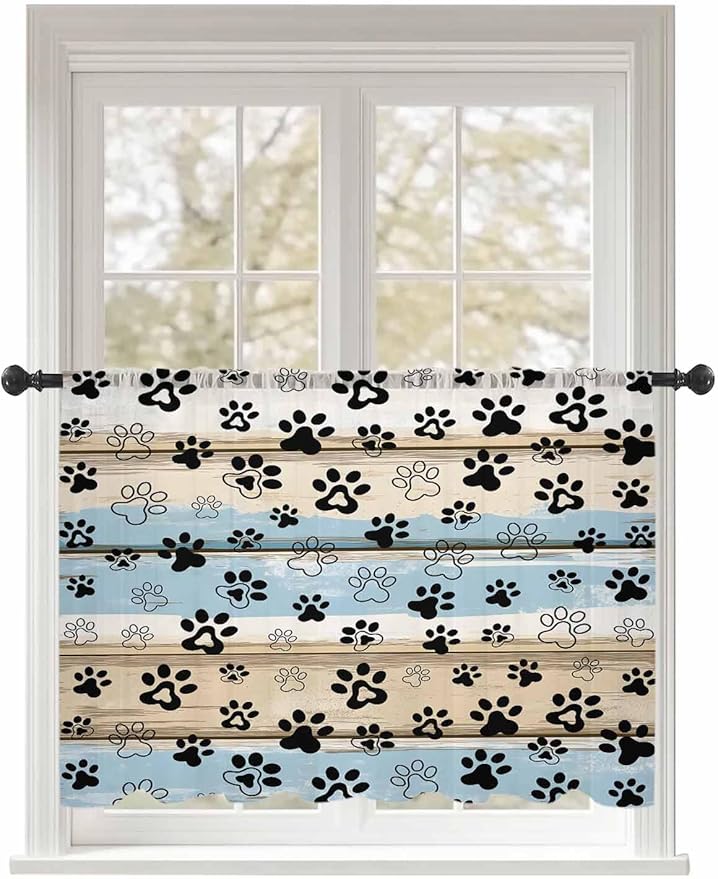 Sheer Curtains 54 Inch Length, Blue Dog Paw Print Semi Sheer Curtains Light Filtering Window Treatment, Vintage Farmhouse Rustic Wooden Grain Privacy Voile Drapes for Living Room Bedroom 52x54 Inch