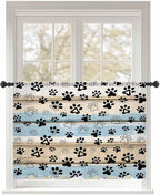 Sheer Curtains 45 Inch Length, Blue Dog Paw Print Semi Sheer Curtains Light Filtering Window Treatment, Vintage Farmhouse Rustic Wooden Grain Privacy Voile Drapes for Living Room Bedroom 52x45 Inch