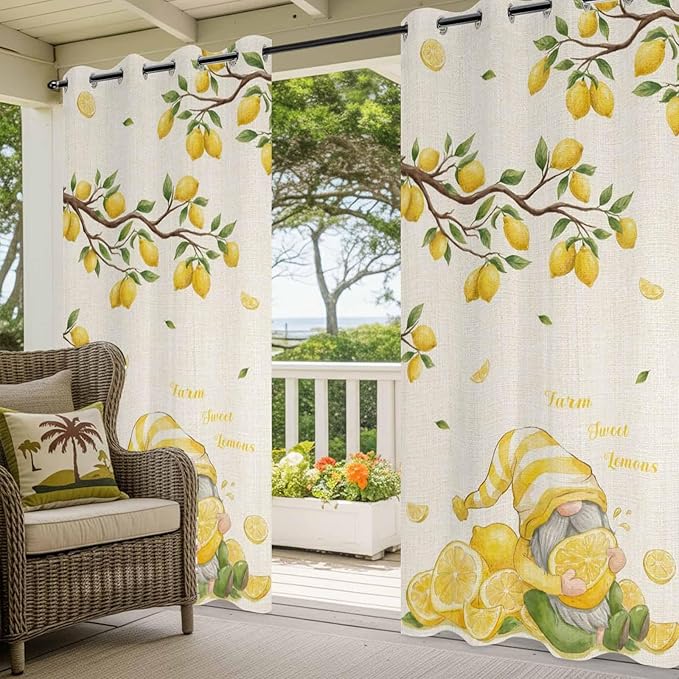 Summer Outdoor Curtains for Patio Lemon Gnome Leaf Linen Texture Waterproof Outside Curtains with Grommet Top Weatherproof Curtain for Cabana Pergola Gazebo, 2 Pack, 54" W x 108" L