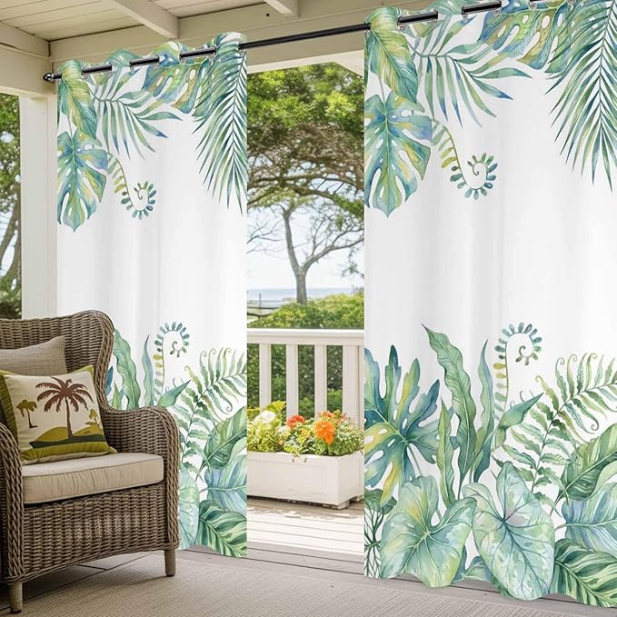 Leaves Outdoor Curtains for Patio Green Leaf Tropical Plants Farmhouse Pastoral Waterproof Outside Curtains with Grommet Top Weatherproof Curtain for Cabana Pergola Gazebo, 1 Panel, 54" W x 95" L