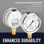2-1/2" Dial Size, 0-200 Psi Pressure Gauge, Glycerin Liquid Filled, 1/4" NPT Lower Mount, Stainless Steel Case, for Air Compressor, Shock, Water System, Well Pump, Tank, Pipe, Pressure Test