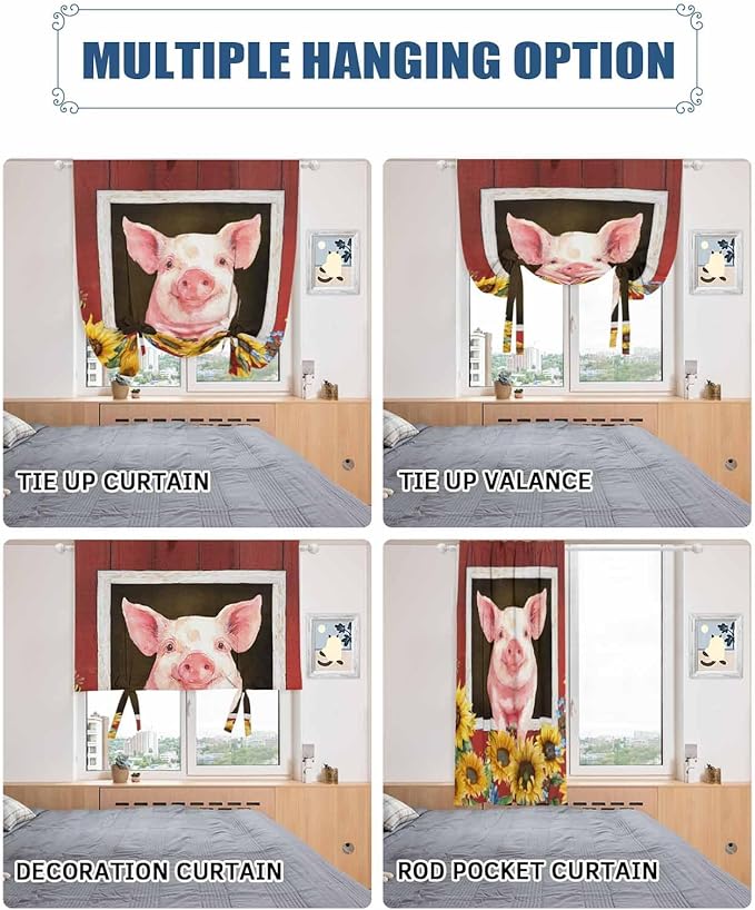 Tie Up Curtains for Windows, Pigs Sunflowers Adjustable Balloon Nature Linen Textured Kitchen Curtain, Farmhouse Red Barn Flowers Animals Tie Up Light Filtering Curtains for Decor, 34 x 45 in