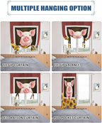 Tie Up Curtains for Windows, Pigs Sunflowers Adjustable Balloon Nature Linen Textured Kitchen Curtain, Farmhouse Red Barn Flowers Animals Decorative Tie Up Curtain for Window, 52" x 45"