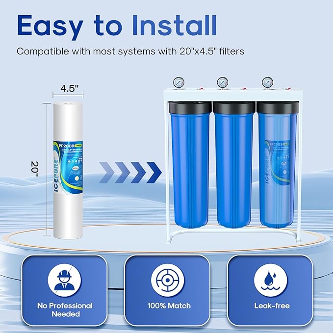 ICEPURE 1 Micron 20" x 4.5" Whole House Sediment Home Water Filter Replacement Cartridge, Compatible with SP-DD-5005-20BB, FPMB5-20, AP810-2, 155358-43, SDC-45-2005, 2PP20BB1M, P5-20, FP25B, 4 Pack