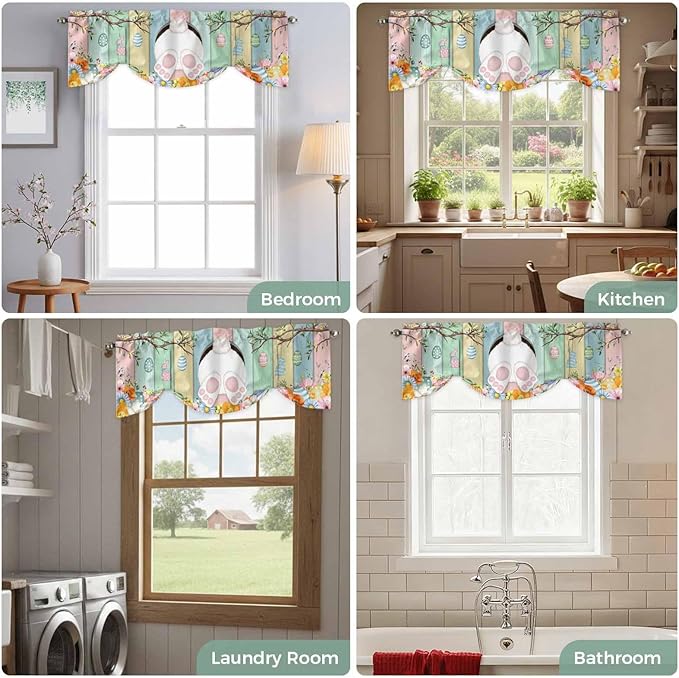 Easter Tie Up Valance Curtains for Windows, Kitchen Curtains Window Shades, Spring Colorful Bunny Eggs Flower Wood Grain Light Filtering Roman Curtain Valances for Bedroom/Bathroom/Cafe 42"x12"
