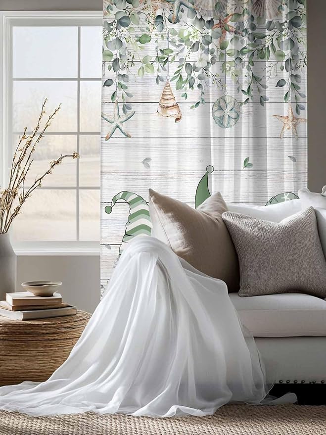 Sheer Curtains 63 Inch Length, Coastal Eucalyptus Leaf Semi Sheer Curtains Light Filtering Window Treatment, Sage Green Gnomes Starfish Privacy Voile Drapes for Living Room Bedroom 52x63 Inch