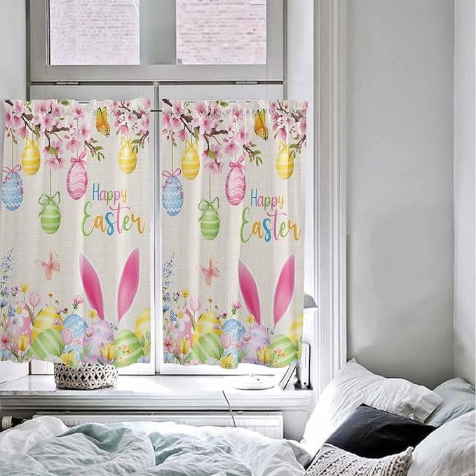 Happy Easter Tier Curtains 45 Inches Long, Spring Farmhouse Bunny Eggs Flower Beige Window Treatment Curtain Drapes, Window Half Privacy Curtains for Bedroom Bathroom, 42"x45", 2 Panels