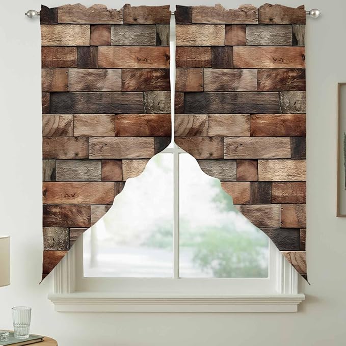 Western Barn Door Swag Valances for Windows, Vintage Farmhouses Wooden Door Brown Rod Pocket Kitchen Curtains Valance, Kitchen Window Curtains Swag for Cafe Bathroom Living Room, 2 Panels, 36x63 inch