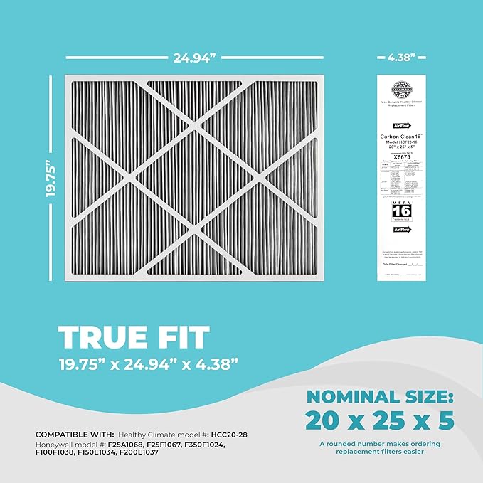 Lennox X6675 20x25x5 Air Filter, Lennox Healthy Climate Carbon Clean Merv 16 Home Furnace Filter for HVAC system 2 Pack with Cleaning Cloth