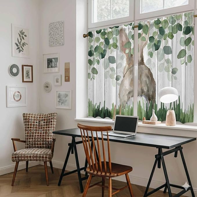 Easter Kitchen Curtains, Country Rabbit Botanical Leaves Wooden Grain Light Filtering Window Curtain Panels, 2Pcs Rod Pocket Window Treatments Set for RV Dining Room Study Room 42x54 Inches