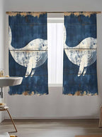 Sheer Curtains 63 Inch Length, Ocean Whale Blue Semi Sheer Curtains Light Filtering Window Treatment, Summer Sea Vintage Wooden Grain Privacy Voile Drapes for Living Room Bedroom 52x63 Inch