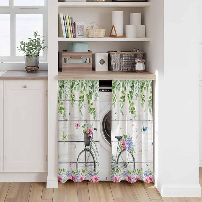 Spring Kitchen Curtains, Bicycles Botanical Rose Leaves Butterfly Wood Grain Light Filtering Window Curtain Panels, 2Pcs Rod Pocket Window Treatments Set for Cabin Bathroom Bedroom 52x45 Inches